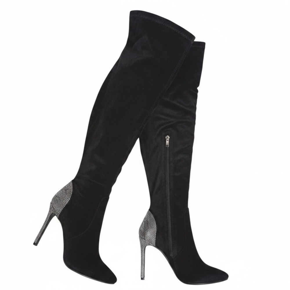 Olivia Miller Over the Knee Boots Women 9 Black Rhinestone Stiletto Pointed Toe
